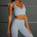 Light blue seamless two-piece yoga set with high waist leggings and multi-strap sports bra - Light Blue Cross Back Suit