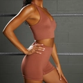 Terracotta seamless yoga set with V-neck sports bra and high-waist fitness shorts - S / Rust red