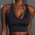 Black seamless V-neck sports bra with wide ribbed hem for women fitness and yoga - S / Racerback Bra / Black
