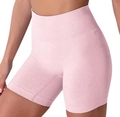 High-waist seamless yoga shorts in light pink color with wide supportive waistband - S / Bottoms / Pink