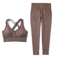 Ensemble de yoga marron cacao sans couture avec legging taille haute et brassière - S / Ensemble Dos Croisé Brun Clair