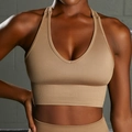 Seamless V-neck ribbed sports bra in deep beige with supportive racerback straps - S / Racerback Bra / Khaki