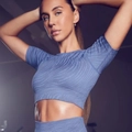 Women's dark blue wave texture seamless yoga crop top with tight short sleeve fit - S / Tops / Blue