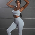 Light blue seamless ribbed yoga set featuring a strapless sports bra and high-waisted leggings - Light Blue Zircon