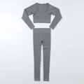 Naadloze grijze geribbelde yogaset met top met lange mouwen en legging met hoge tailleband - S / 长袖+长裤套装 / Grijs