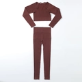 Naadloze geribbelde yogaset met crop top met lange mouwen en legging met hoge taille - S / 长袖+长裤套装 / Bruin