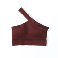Dettaglio crop top yoga senza cuciture in maglia a coste con design monospalla - Taglia S / Top / Marrone