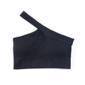 Dettaglio del reggiseno sportivo monospalla nero a coste con trama senza cuciture - Taglia S / Top / Nero