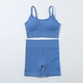 Gros plan détaillé sur l'ensemble soutien-gorge de sport et short de yoga bleu sans couture - Bleu