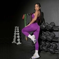 Seamless purple yoga set featuring backless sports bra and high waist leggings for fitness - Dark Purple