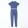 Blaues zweiteiliges Yoga-Set mit Wellenmuster nahtlosem Kurzarm-Top und Leggings - S / Blau