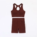 Women's seamless ribbed yoga set in deep red brown with sports bra and high waist shorts - S / Brown