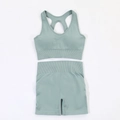 Seamless ribbed yoga set with racerback sports bra and high waist shorts in mint green - S / Blue Gray