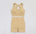 Two-piece ribbed seamless yoga set featuring V-neck sports bra and high-waisted shorts in ginger - S / Khaki