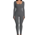 Detailed ribbed texture of dark grey square neck seamless yoga jumpsuit with thumbholes - S / Top And Bottom / Long Sleeve / Dark Gray