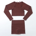 Three-piece seamless ribbed yoga set in dark reddish brown with long sleeve top and shorts - Brown