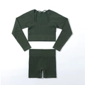 Three-piece dark green seamless ribbed yoga set with shrug, sports bra and high waist shorts - Army Green