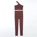 Two-piece ribbed seamless yoga set with one-shoulder sports bra and high-waist leggings in dark red - XL / Brown