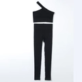 Seamless ribbed yoga set in black with one-shoulder sports bra and high waist leggings - XL / Black