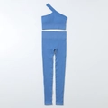 Ensemble de yoga bleu brume sans couture avec haut asymétrique et legging côtelé - Bleu