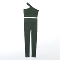 Ensemble de yoga côtelé sans couture vert foncé avec haut asymétrique et legging taille haute - Vert Militaire