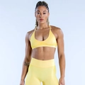 Détail du soutien-gorge de sport dos nageur jaune néon et legging taille haute - Jaune