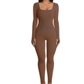 Brown seamless ribbed yoga jumpsuit with square neck and thumb holes for women - S / Top And Bottom / Long Sleeve / Brown