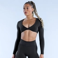 Women's black two-piece sports yoga set with long sleeve V-neck crop top and leggings - Black