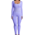 Light purple ribbed knit long sleeve yoga bodysuit with square neck and thumbhole detail - S / Tops / Long Sleeve / Purple