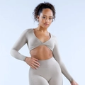 Women's deep V-neck twist crop top and high waist leggings set in khaki yoga wear - Clay Gray
