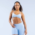 Detail of light blue ribbed high-stretch halter sports bra and high-waist shorts set - Light Blue
