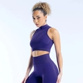 Close-up of deep purple high-impact sports vest with half-zip and ribbed support band - XS / Indigo