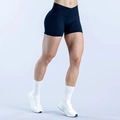 Detail of crossover waistband and ruched seam on navy blue seamless yoga shorts - XS / Black