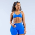 Bright blue halter neck sports bra and high waist yoga shorts set in seamless knit - Electric Blue