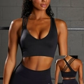 Black seamless V-neck sports bra with multi-strap crisscross back and ribbed band - S / Crisscross Back Bra / Black