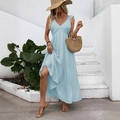 Hellblaues ärmelloses Stufenmaxikleid mit V-Ausschnitt für Sommerurlaub und Strand - S / Hellblau