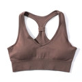 Seamless racerback sports bra in dark coffee brown with a ribbed high-stretch support band - S / Racerback Bra / Tan