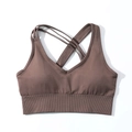 Seamless V-neck sports bra in chocolate brown with multi-strap crisscross back design - S / Crisscross Back Bra / Tan