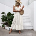 Ärmelloses weißes V-Ausschnitt Stufenkleid mit Rüschen für den Sommerurlaub Look - S / Gebrochenes Weiß