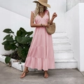 Ärmelloses rosa Maxikleid mit V-Ausschnitt und Stufenrock, rückenfreies Sommerkleid - S / Rosa