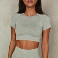 Set yoga senza cuciture grigio-verde con crop top lavaggio acido e leggings a vita alta - Taglia S / Top / Top Verde Chiaro a Maniche Corte