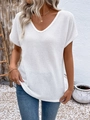 Close-up of white V-neck waffle knit t-shirt showcasing texture and casual summer style - 0XL / Tops / White