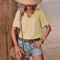 Short sleeve V-neck eyelet lace blouse for women in light yellow summer casual style - Yellow