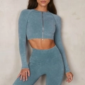 Set yoga senza cuciture blu lavato con giacca con zip a maniche lunghe e leggings a vita alta - Taglia S / Top / Blu Manica Lunga