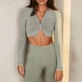 Set yoga senza cuciture verde salvia da donna con crop top a maniche lunghe e leggings a vita alta - Taglia S / Top / Giacca Verde Chiaro a Maniche Lunghe