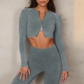 Set yoga senza cuciture da donna con top a maniche lunghe con zip e leggings a vita alta grigio verde - Taglia S / Top / Grigio Maniche Lunghe