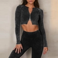 Set yoga senza cuciture da donna con maglia a maniche lunghe e leggings a vita alta lavati - Taglia S / Top / Nero Manica Lunga
