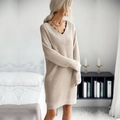 Vestido de punto color avena con cuello en V, encaje negro y manga larga de mujer - S / Caqui