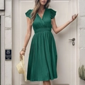 Elegant dark green V-neck pleated dress with ruffle sleeves for a summer vacation look - Green
