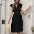 Vestido plisado negro sin mangas con cuello en V, volantes en hombros y cintura ceñida - L / Negro